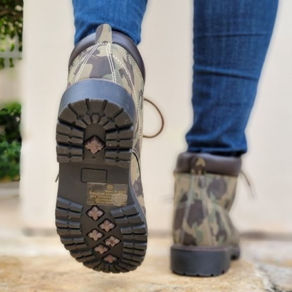 Women's Camouflage Combat Lace-up Ankle Boots Low Heel - Picture 4 of 5